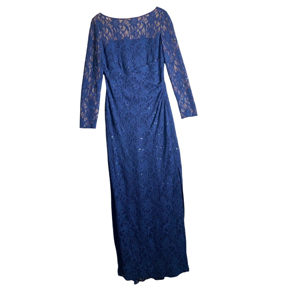 Lauren Ralph Lauren Evening Dress Sz 10 Blue Lace Sequin Long Sleeve Formal Gown
